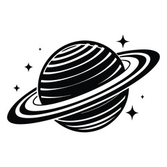 Planet Saturn with planetary ring silhouette Vector isolated on white background, Majestic Saturn and Stars in Outer Space Illustration © Sadia