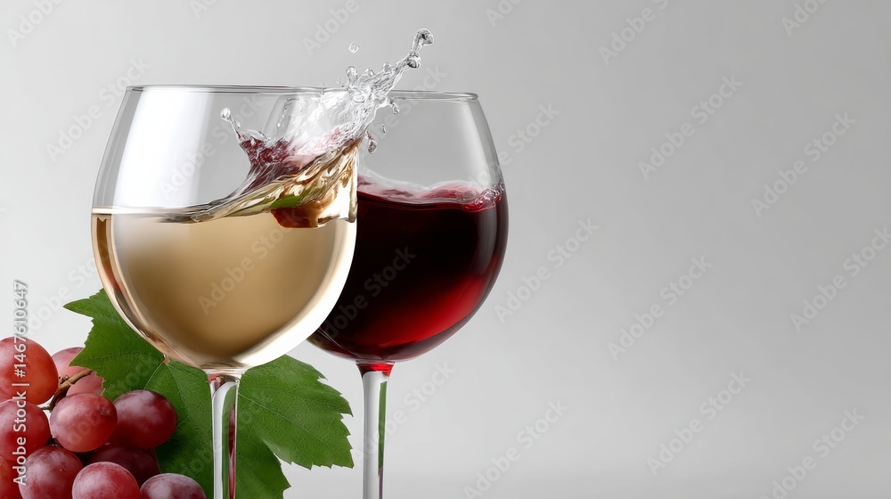 Poster two wine glasses with a splash of wine in the middle. a bunch of grapes are on the left side of the 