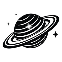 Planet Saturn with planetary ring silhouette Vector isolated on white background, Majestic Saturn and Stars in Outer Space Illustration © Sadia