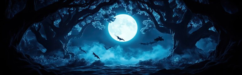 Spooky halloween night scene featuring a full moon bats flying silhouetted trees and atmospheric mist