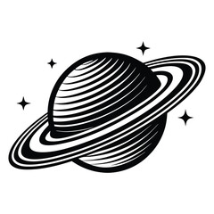 Planet Saturn with planetary ring silhouette Vector isolated on white background, Majestic Saturn and Stars in Outer Space Illustration © Sadia