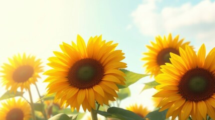 Obraz premium Sunflowers in a field under a sunny sky, showcasing their vibrant yellow petals and green centers.