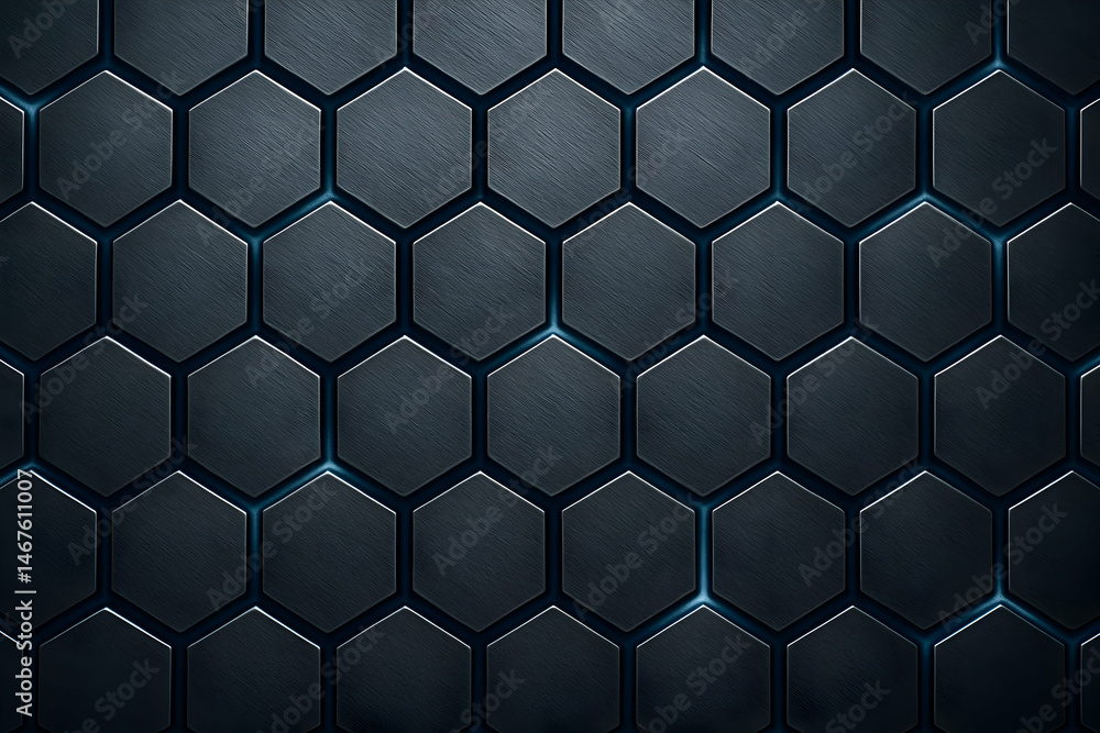 Poster a modern hexagonal pattern featuring sleek dark surfaces with subtle lighting effects. ideal for bac