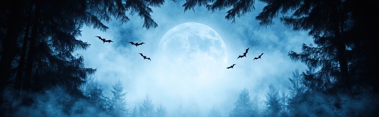 Spooky halloween night scene with bats flying in front of a glowing full moon over a dark misty forest