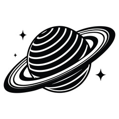 Planet Saturn with planetary ring silhouette Vector isolated on white background, Majestic Saturn and Stars in Outer Space Illustration © Sadia