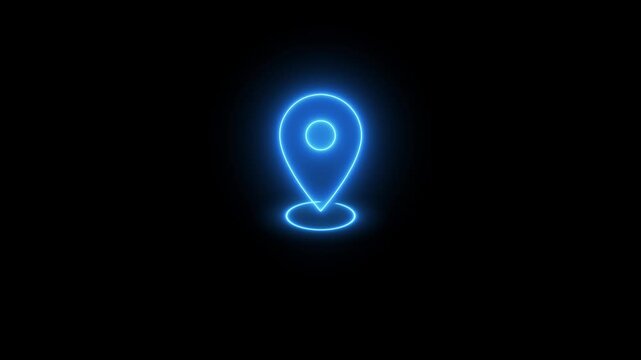 Abstract location glowing neon icon fast tracking map pin icon animation on black background.