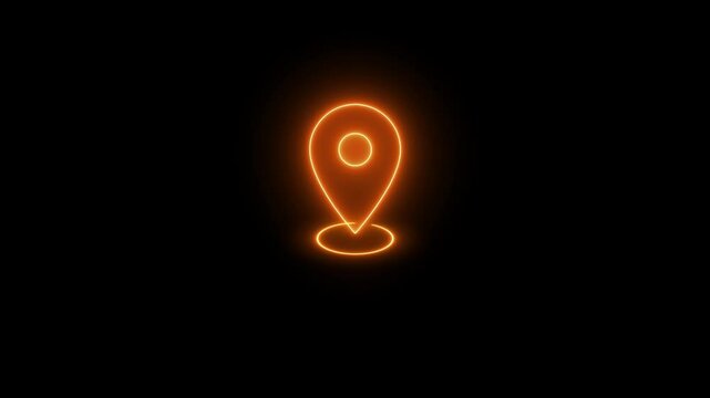 Abstract location glowing neon icon fast tracking map pin icon animation on black background.