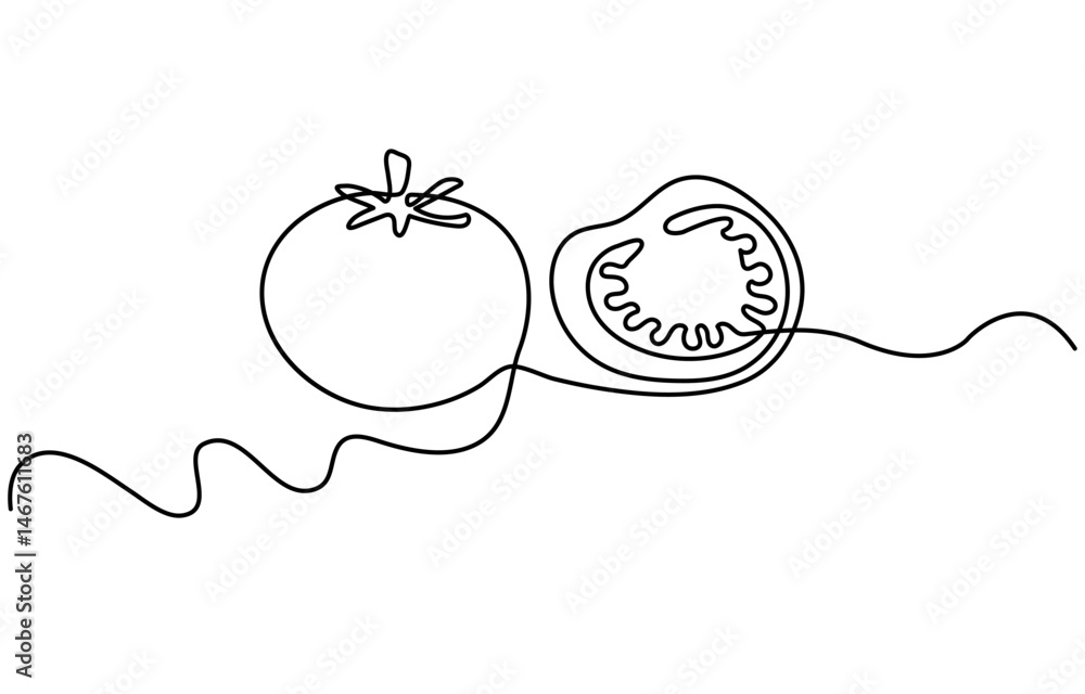 Poster fresh tomatoes drawn with continuous line in minimalism, one line, editable vector outline.