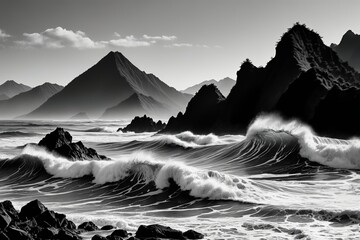 arafed view of a mountain range with a wave crashing on the rocks