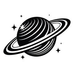 Planet Saturn with planetary ring silhouette Vector isolated on white background, Majestic Saturn and Stars in Outer Space Illustration © Sadia