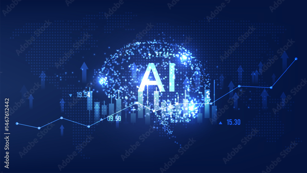 Poster futuristic ai and business analytics background with glowing brain, digital data points, and financi