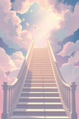 A serene white staircase rises through pastel clouds towards a heavenly, bright light source above.