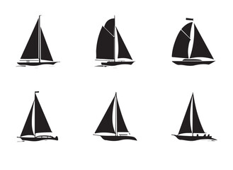 A set of black silhouette sailing boat icons, perfect for nautical or marine-themed design projects.