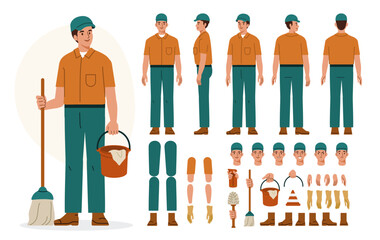 Janitor worker, cleaner wearing uniform holding mop and bucket. Character for animation. Front, side and back view set. Body parts, postures, poses collection. Vector illustration.