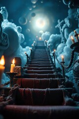 An imposing staircase leads toward a radiant light amid ethereal clouds and celestial spheres