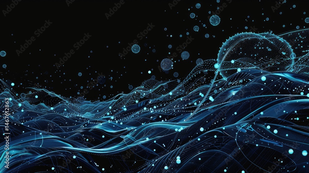 Poster abstract picture of neon light particle with digital technology style design connecting become dynam