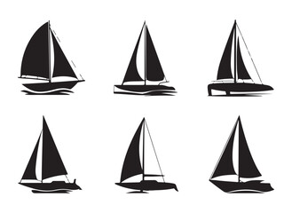 A set of black silhouette sailing boat icons, perfect for nautical or marine-themed design projects.