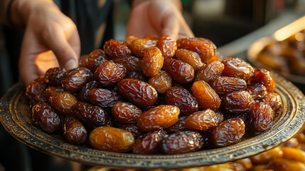 Handheld plate of dates.