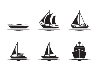 A set of black silhouette sailing boat icons, perfect for nautical or marine-themed design projects.