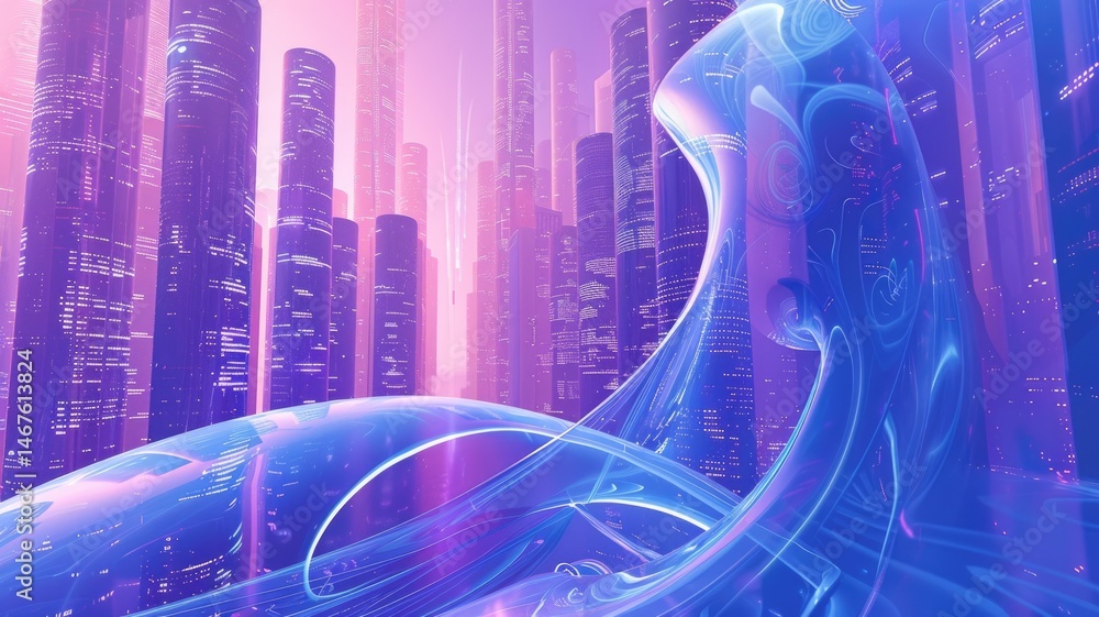 Poster abstract digital wave patterns with sparkles and bokeh. digital artwork of pastel gradient purple an