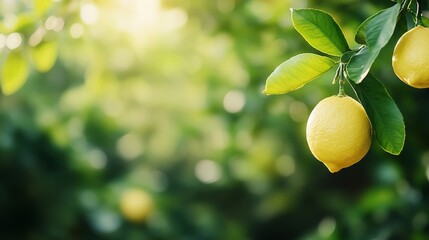Lemon is hanging from a tree branch. The lemon is yellow and has a green stem. The background is green and the sun is shining brightly