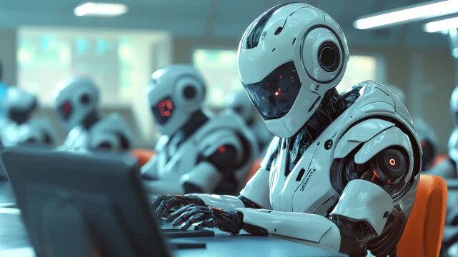 Futuristic robots working in office environment for AI concept use