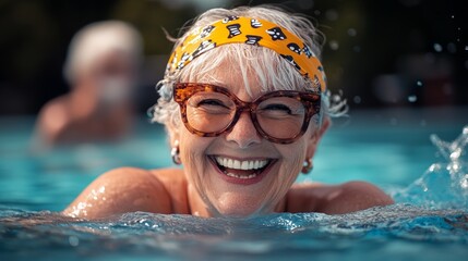 Woman in a pool with a yellow bandana on her head and glasses on her face. She is smiling and she is enjoying herself