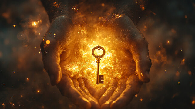 Hands holding a glowing key within a fiery aura.