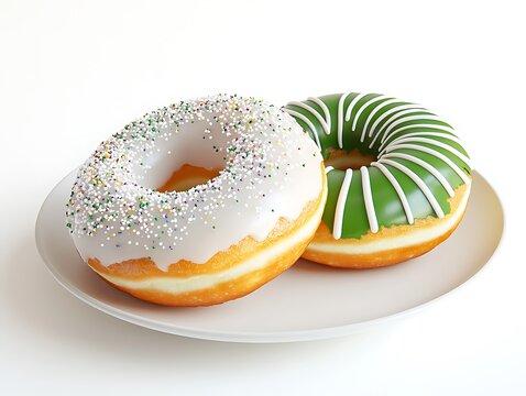 Two Donuts White Frosted Sprinkled and Green Striped on Plate. Isolated