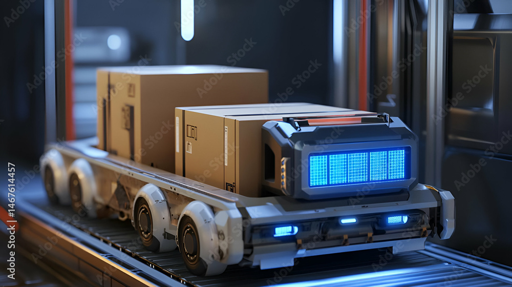 Poster automated delivery robot transporting cargo on conveyor belt