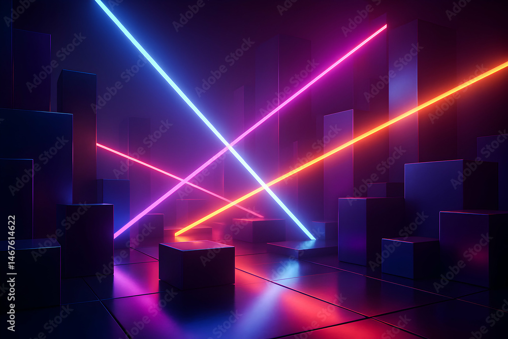 Poster a stunning visual of neon lights interplaying in a dark space, creating a futuristic atmosphere. ide