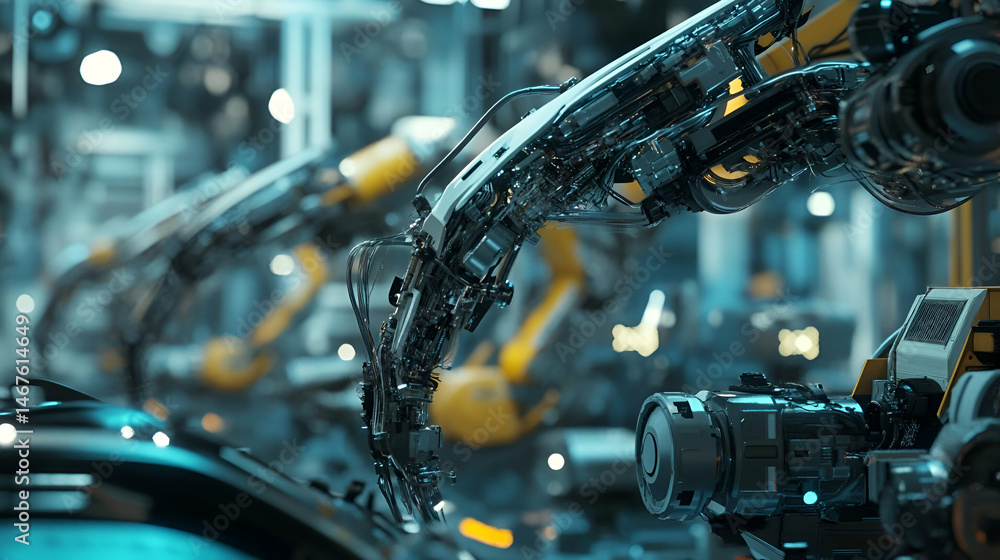 Poster automated robotic arm in industrial factory setting