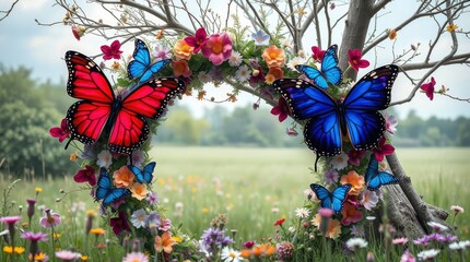 Vibrant butterflies flutter around a floral wreath in a whimsical, dreamy meadow landscape scene.