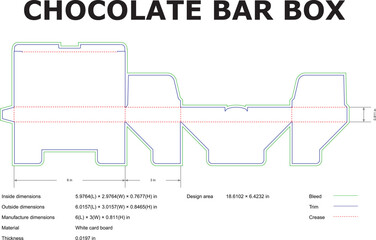 Detailed technical illustration of a chocolate bar box template with dimensions for packaging design purposes
