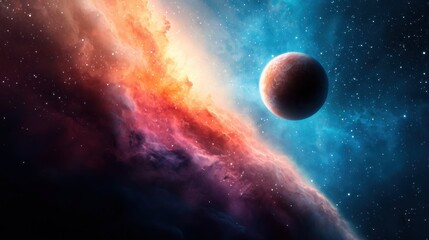 Cosmic scene with a planet and colorful nebula background.