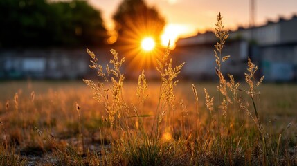 Obraz premium Sunset shining through grass on a field.