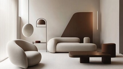Sophisticated interior showcasing a modern living room with neutral color palette