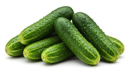 Cluster of cucumbers with shiny skin, covered in water droplets, clean white background, studio-style photo