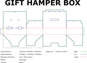 Gift hamper box die-cut template design with dimensions for packaging and product presentation for various markets.
