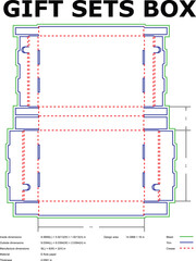 Detailed engineering blueprint layout for a gift set box with dimensions and specifications for manufacturing purposes.