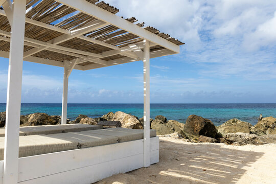 Balinese bed along the coast of Jan Thiel beach, Cura&ccedil;ao.