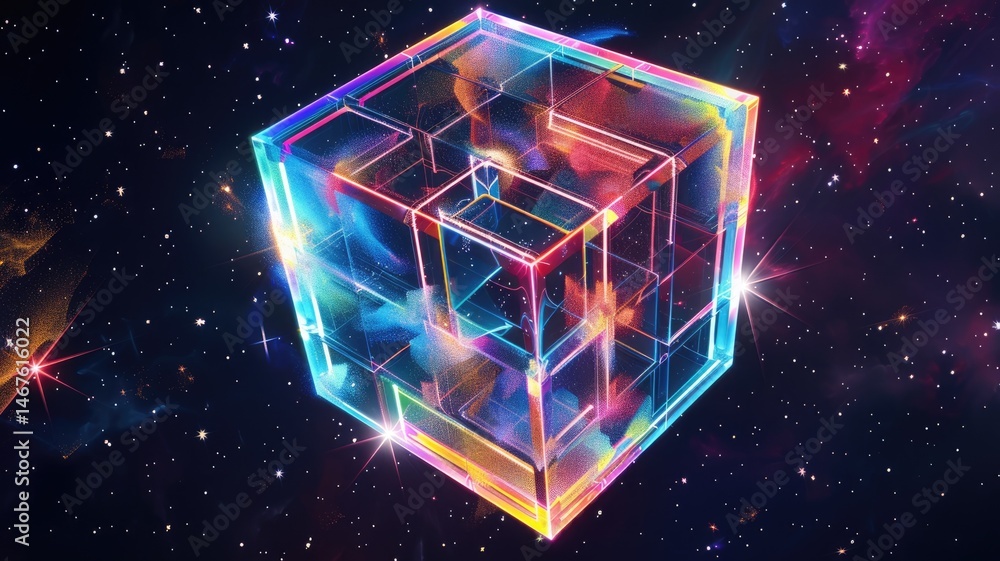 Poster abstract chaotic and energetic of mixed digital style cube object, burst of colorful light pattern i