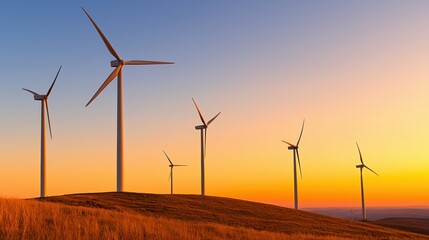 Wind turbines on a hill at sunset.