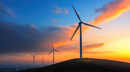 Wind turbines on a hill at sunset with dramatic clouds.