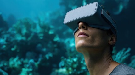 Virtual reality experience underwater with coral backdrop.