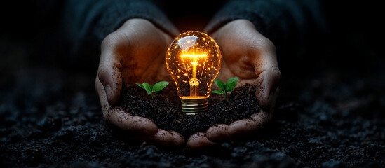 Hands holding soil with a glowing lightbulb and seedlings.
