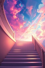 A serene staircase leads upwards into a pastel sky with soft, dreamy clouds and radiant light.