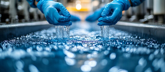 Hands in Gloves Pouring Water into a Tank.