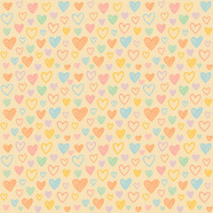 Pastel-toned, colorful, cute heart hand-drawn pattern background.