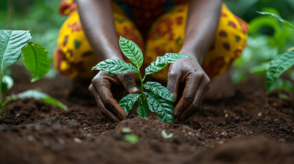 Hands planting a coffee seedling in rich soil.
